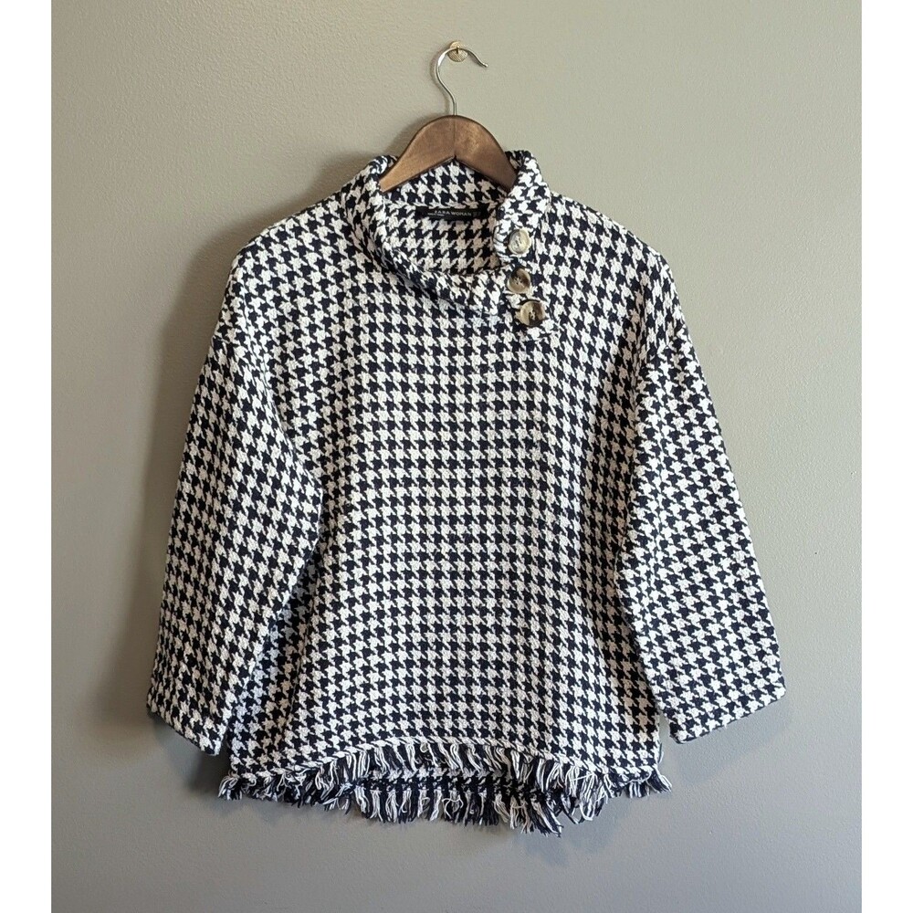 Zara Womens XS Blue White Houndstooth Pullover Sweater Fringe Hem Side Buttons